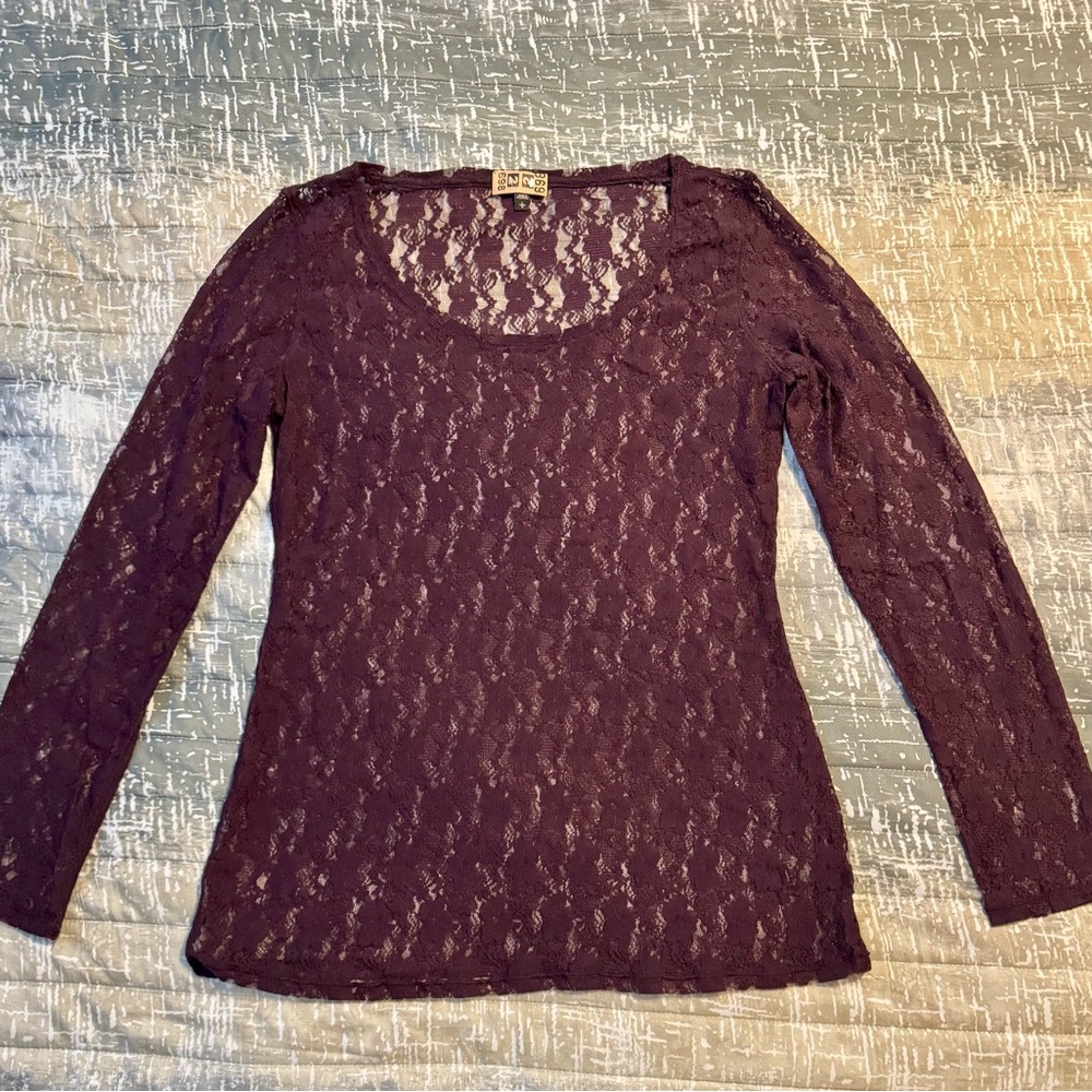 Express - Women’s Scoop Neck Sheer Long Sleeve Top - Plum Color